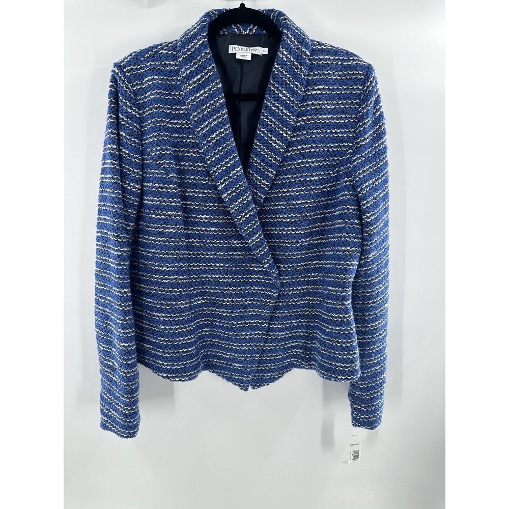 Pendleton Blazer Jacket Blue Tweed Striped Snap Button Wool 14 Woman NWT